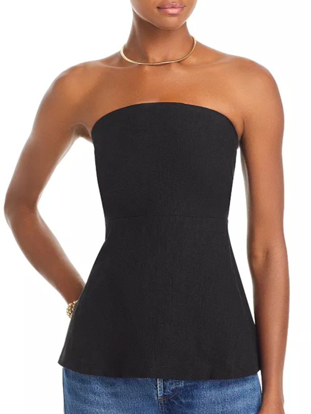 Lucy Paris Barbara Strapless Black Linen Peplum Top Women's size Small